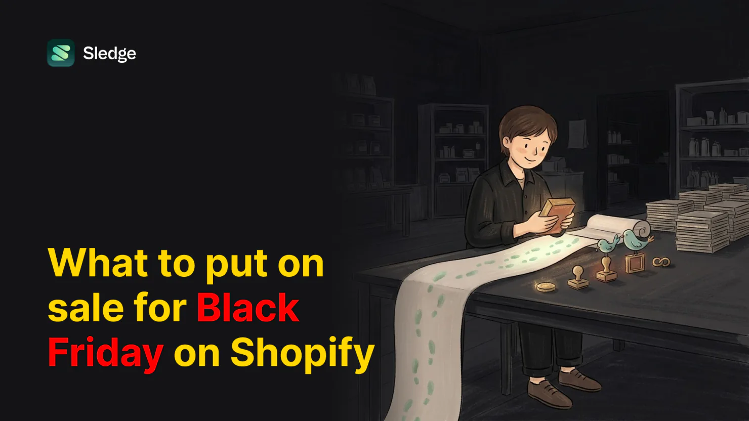 A shopkeeper in a dark stockroom unrolls a long paper strip marked with green dots as two birds perch on stamps beside a coin and stacked papers.