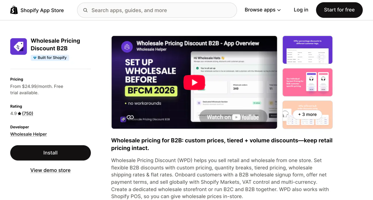 Wholesale Pricing Discount B2B on the Shopify App Store: the listing summary and its screenshots.