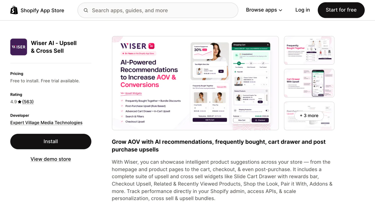 Wiser's page on the Shopify App Store, with its summary and a row of screenshots.