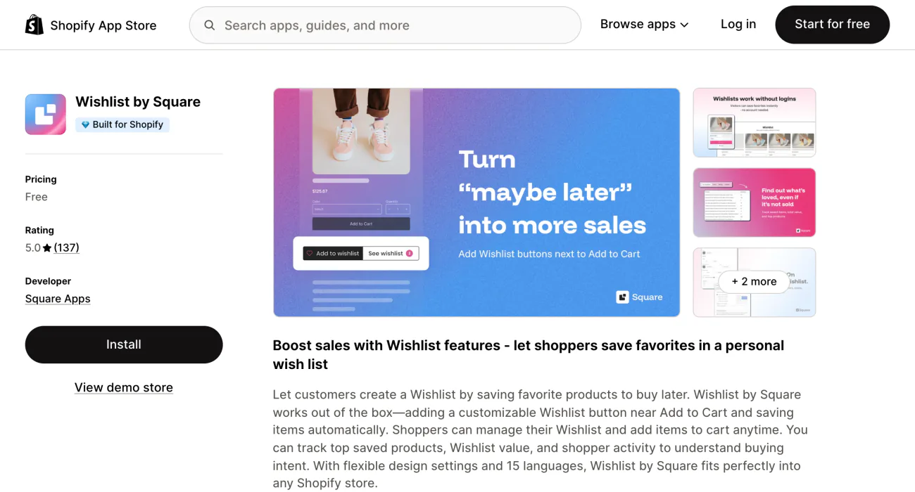 The Wishlist by Square listing on the Shopify App Store, showing the app summary and screenshots.
