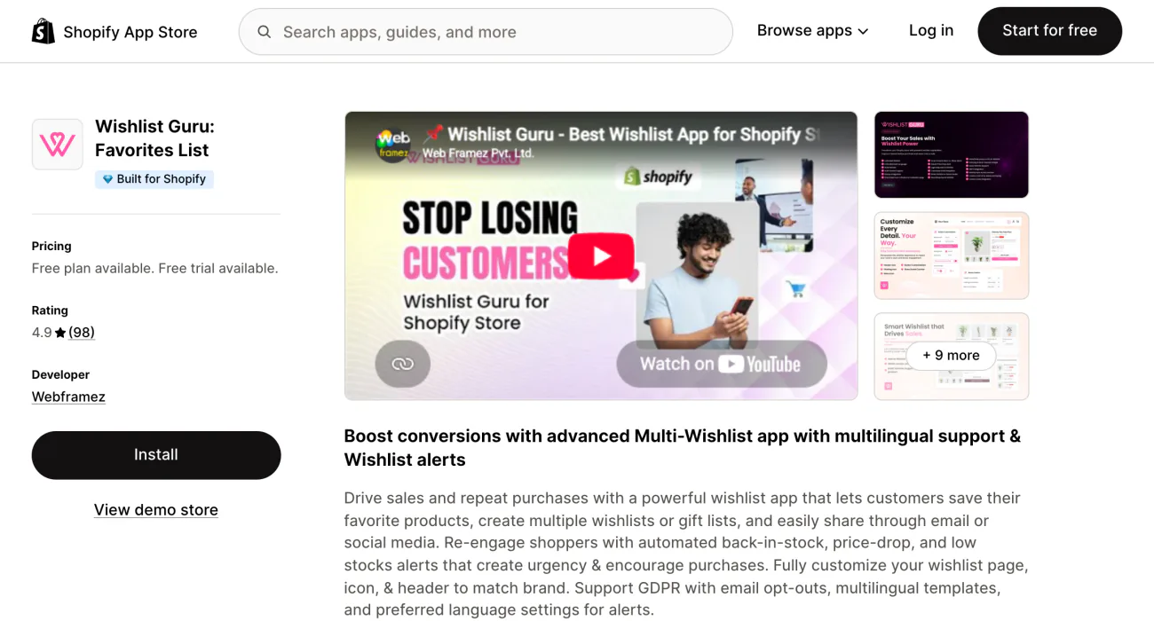 The Wishlist Guru listing on the Shopify App Store, with its summary text and screenshots.