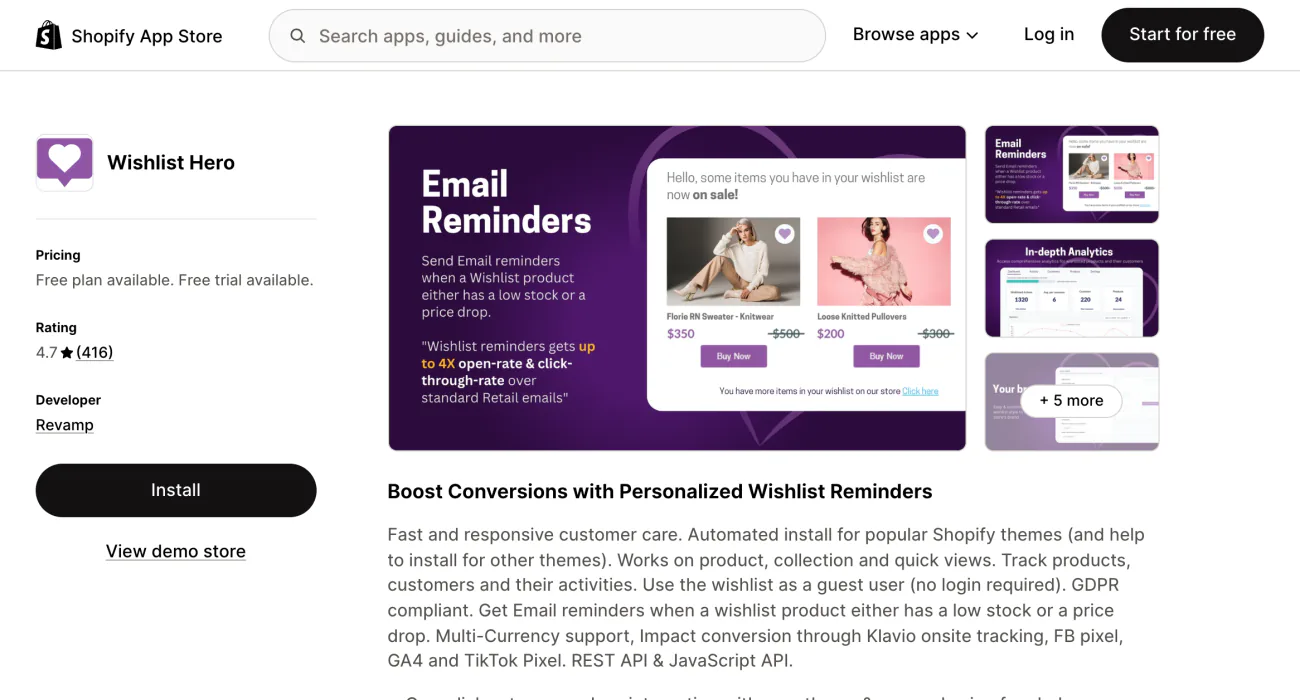 Wishlist Hero's listing on the Shopify App Store, with its summary and a row of screenshots.