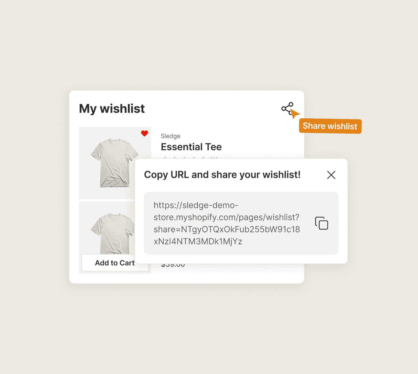 A Shopify wishlist share link being copied, opening the whole saved list for anyone it is sent to.
