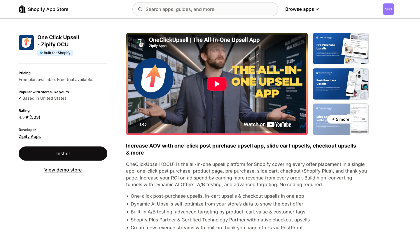 The Zipify OneClickUpsell (OCU) listing on the Shopify App Store, Built for Shopify, rated 4.5 from 503 reviews.